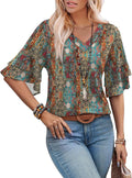 OFEEFAN Spring Tops for Women Boho Shirts Fashion Clothing Cute 3/4 Length Sleeve Blouses Dressy Casual Summer Outfits
