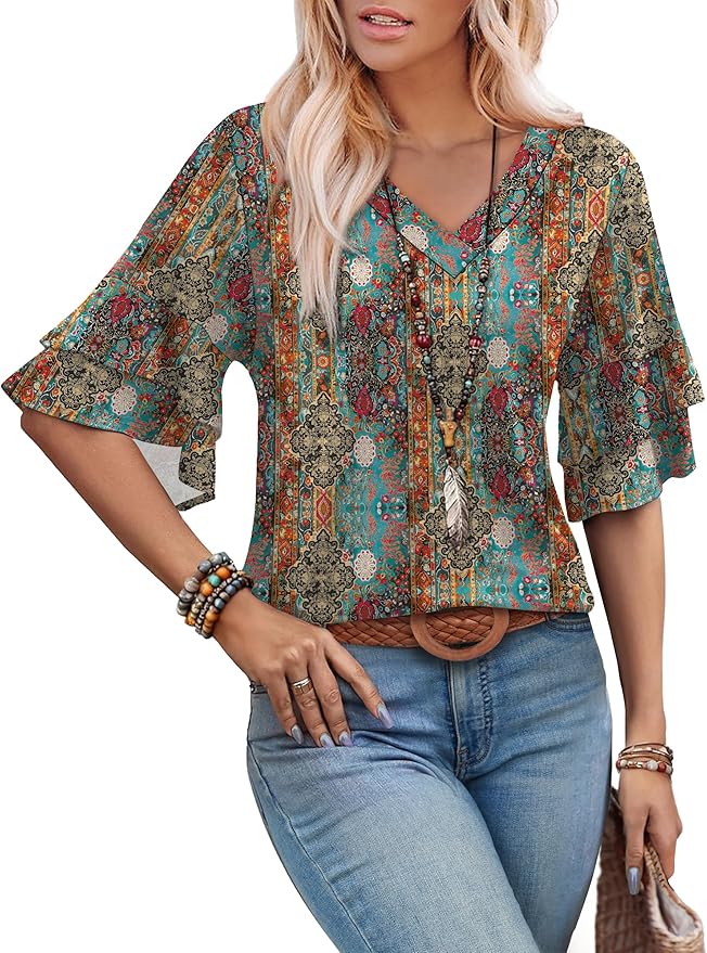 OFEEFAN Spring Tops for Women Boho Shirts Fashion Clothing Cute 3/4 Length Sleeve Blouses Dressy Casual Summer Outfits